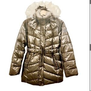 Abercrombie Kids Metallic Taupe Puffer Coat Fur Hood Size 11/12